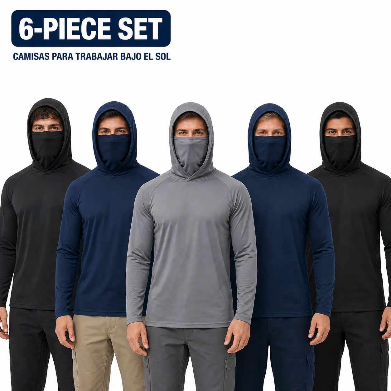 Men's Hooded Work Shirts with Built-In Face Mask, 3-Pack & 6-Pack Quick-Dry Breathable Sun Protection Shirts for Outdoor Work and Landscaping drip clothing