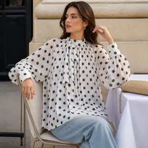 Women's Sheer Polka Dot Blouse, Tie Neck Long Sleeve Balloon Sleeve Top, Loose Elegant Pleated Chiffon Shirt, Cute Summer Going Out Tops for Women