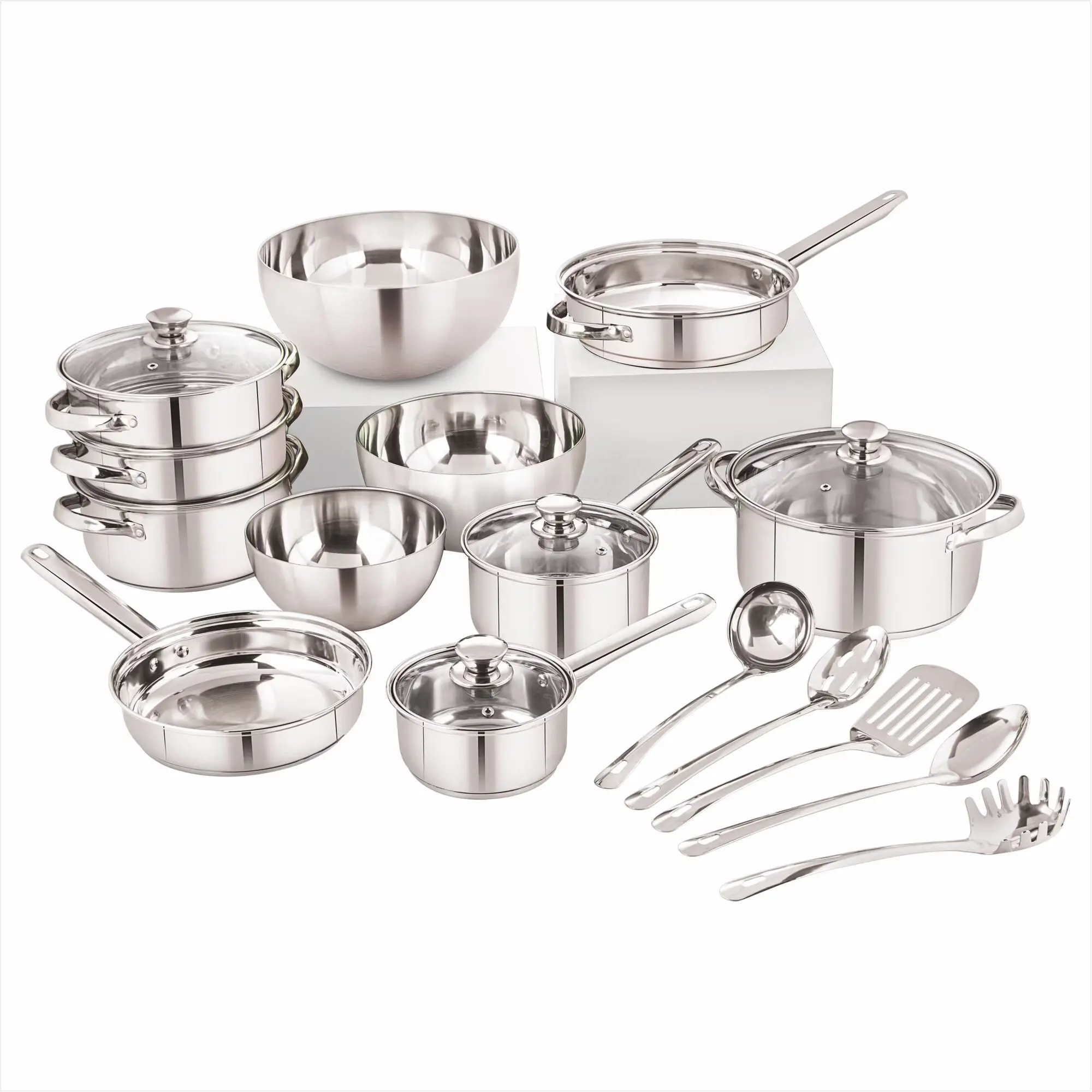 Mainstays 20-Piece Induction-Compatible Stainless Steel Cookware Set with Glass Lids, Steamer, Mixing Bowls, and Kitchen Tools