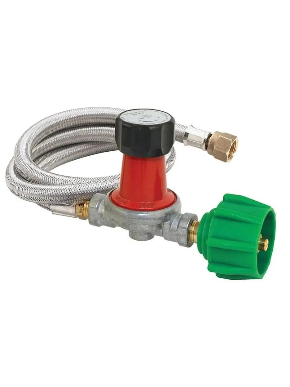 Bayou Classic 0-30 PSI Adjustable Pressure Adjust Regulator, Braided Stainless 48 in Propane Hose with 3/8" Flare Swivel Fitting, 0-30 Psi Adjustable Regulator