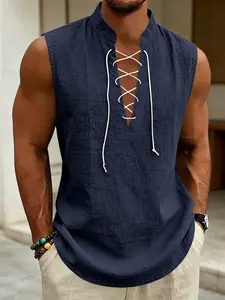 American Summer Loose Fit Men's Viking Medieval Drawstring Linen Breathable Sleeveless Vest Tank Top, Comfortable and Stylish Design for Men, Streetwear Tank Vest, Urban Street Tank, Casual Sleeveless Tank