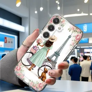 Phone Case: Eiffel Tower Floral Woman on Bicycle Phone Case, Suitable for Samsung Galaxy A02 A03S A04 A05S A06 A13 A14 A15 A16 5G A21S A22 A23 A24 A25 A32 A34 A35 A50 A52 A53 A54 A55 A73 S21 Ultra S22 Plus S23+ S24 FE S25, Cartoon Transparent