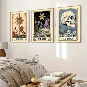 3pcs Halloween Spooky Skeleton Canvas Art Poster Sun Moon Print Oil Painting Living Room Background Wall Hanging Art Bedroom Home Decor Frameless Murals