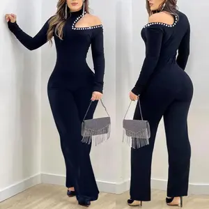 Women’s Rhinestone Cold Shoulder High Neck Long Sleeve Slim Fit Flocked Jumpsuit