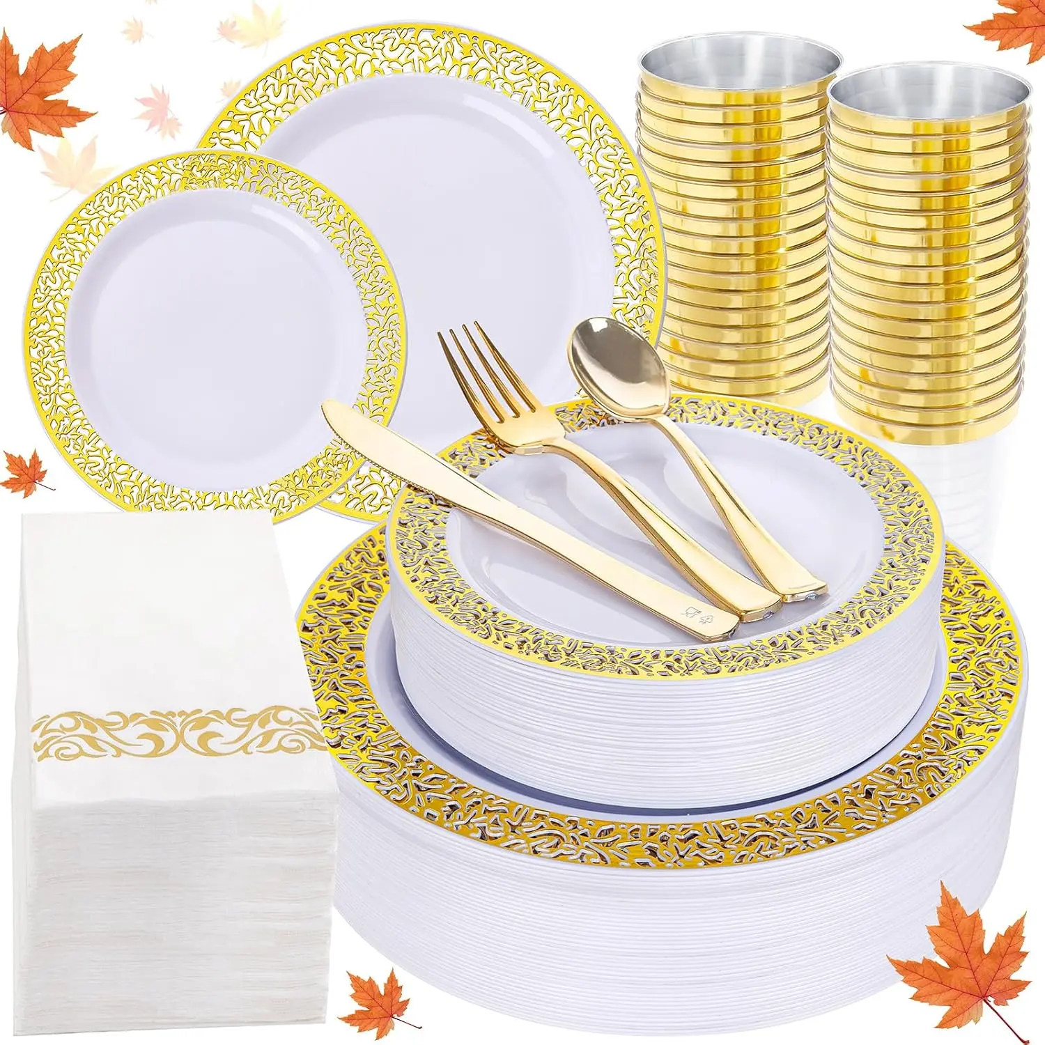 140pcs White Gold Plastic Plates,Gold Plastic Dinnerware Set Christmas Plastic Plates Includes:20 Dinner Plates,20 Dessert Plates,40 Forks,20 Spoons,20 Knives,20 Plastic Cups 10oz, 20 Paper Napkins