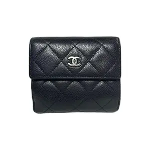 Pre-owned CHANEL Lambskin Clutches & Wristlets Classic Small Flap Wallet in Black Quilted Caviar with Silver Tone Hardware