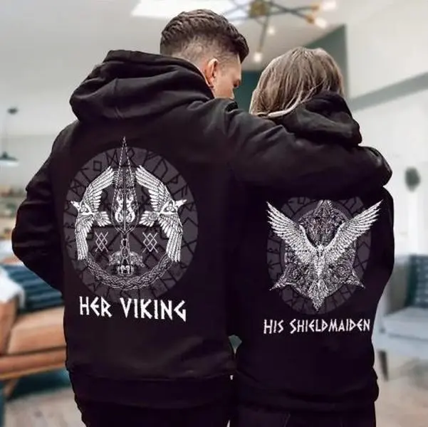 Matching Viking Couple Hoodie Her Viking His Shield Maiden Graphic Hoodie Casual Streetwear Fleece Fabric Pullover Hooded Sweatshirt Trendy Halloween Tops Collection for Women for Men, Perfect Gift