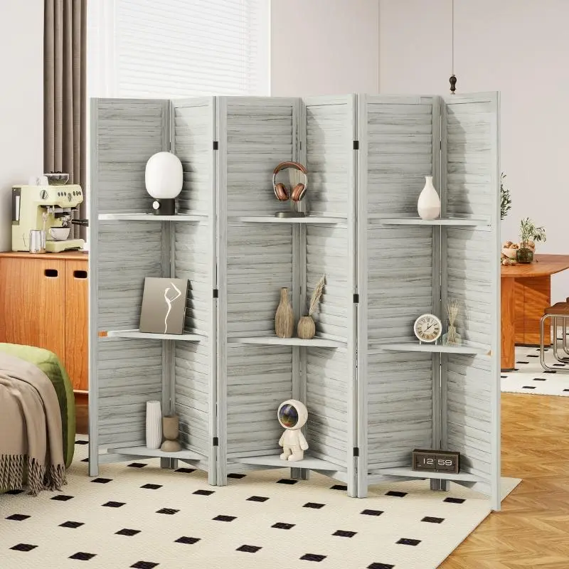 White 6-Panel 67" Tall Wood Privacy Room Divider with 3 Shelves, Folding Storage, Modern Room Dividers for Bedroom