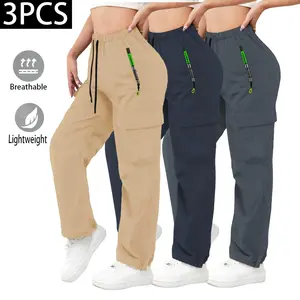 Women’s 3-Pack Breathable Cargo Pants – Lightweight Quick-Dry Casual Outdoor Trousers with Drawstring and Multiple Pockets for Summer, Adjustable, Bottom