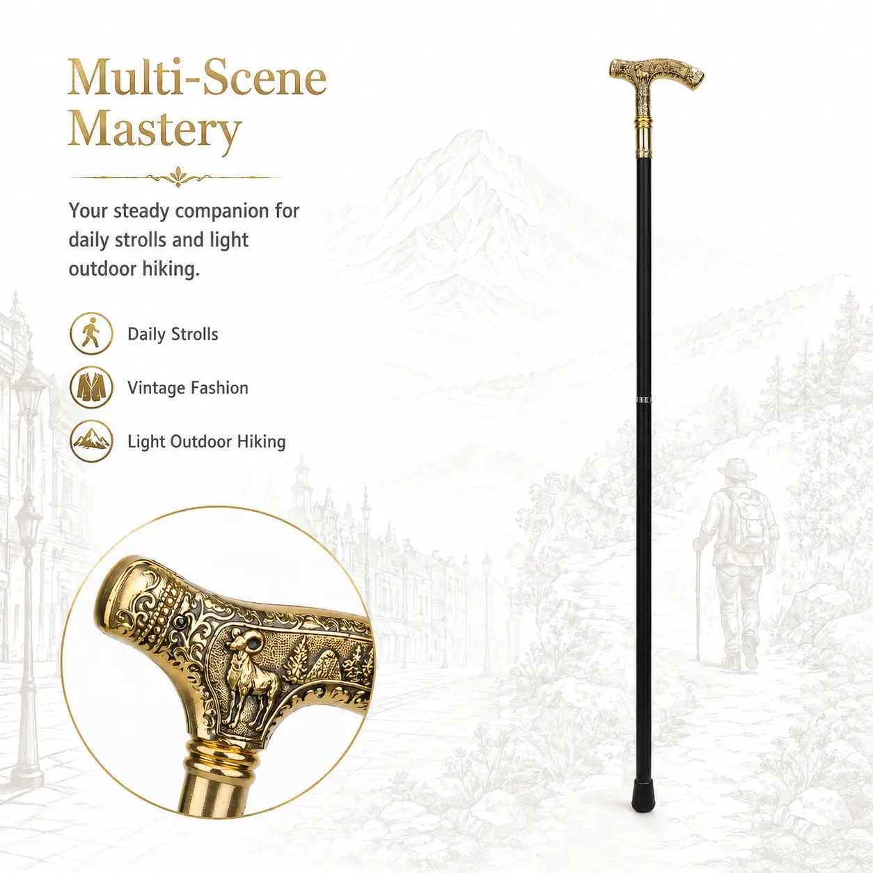 Walking Cane Metal Black and Gold Ram Head Design for Men and Women Daily Use Hiking Outdoor Walking