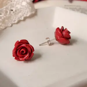 Red Rose Earrings Sterling Silver Cottagecore Studs Red Resin Flower Jewelry