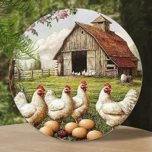 Vintage Easter Farmhouse Metal Sign, Round Aluminum Wall Art with Barn Chickens Eggs, Rustic Country Kitchen Decor for Home Office Cafe, No Wiring Needed, Perfect Gift Idea