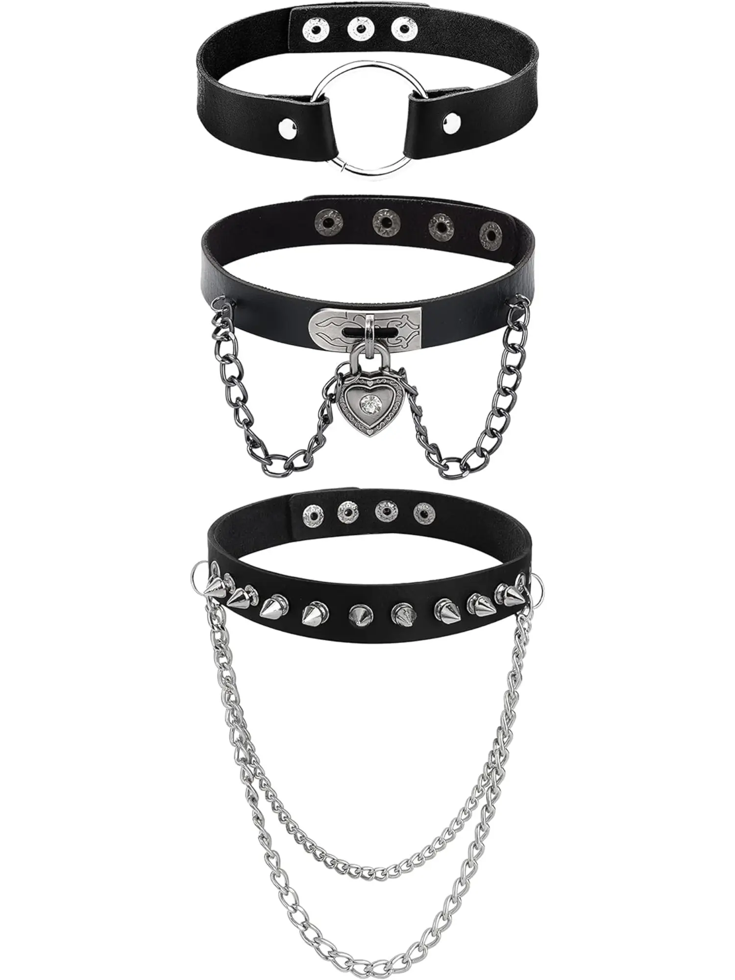 3Pcs Punk Leather Choker Necklaces for Women Hippop Collar Chain Necklace Adjustable Goth Heart Spike Chain Chocker Collar Trend Street Jewelry Fashionable Jewelry Fashionable Accessory Statement Necklace