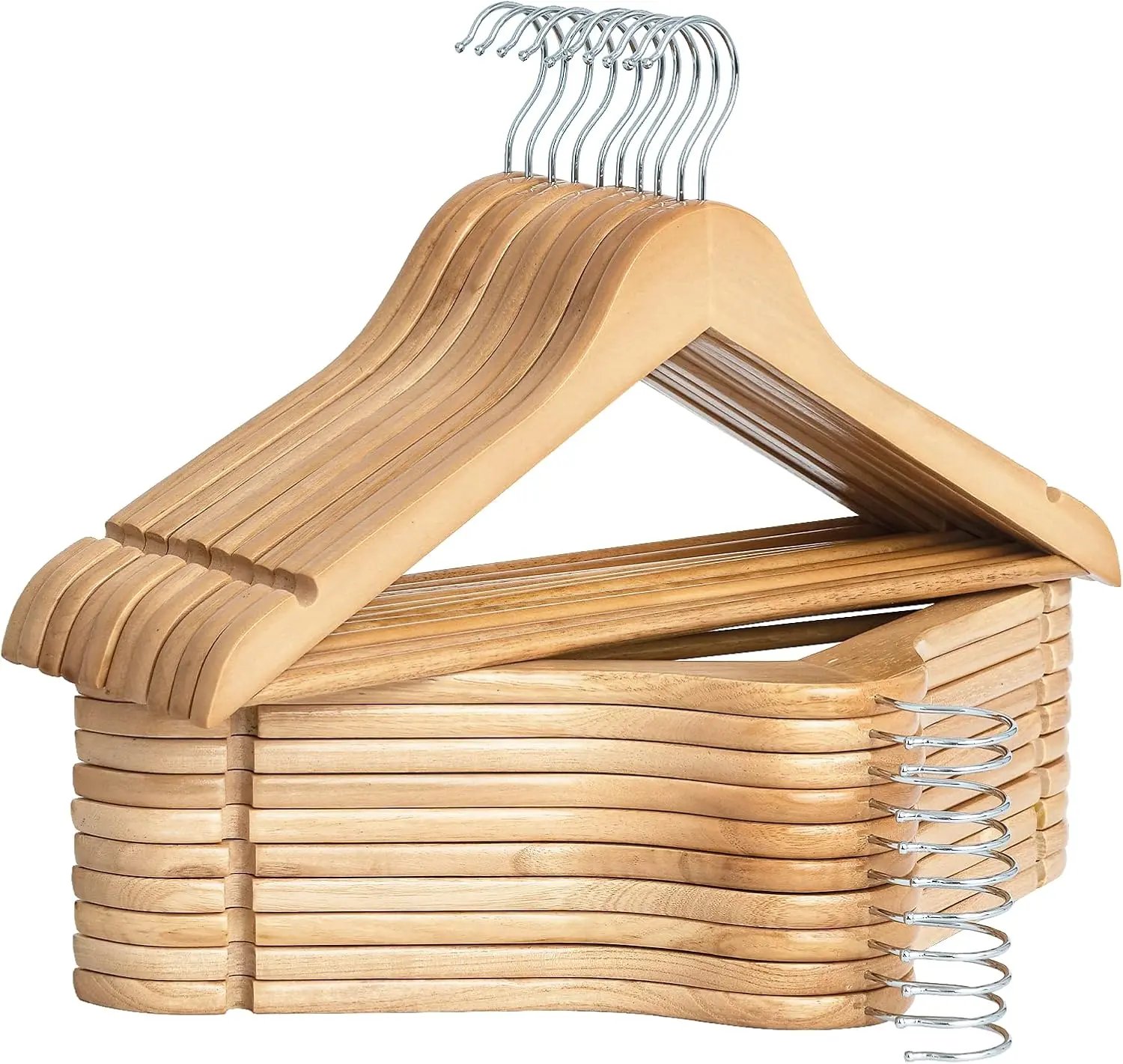 10/20/30-Pc Sturdy Solid Wooden Coat Hangers for Tool Organizers & Closets, Smooth Non-Slip Shoulder Grooves, Notches, 360° Rotating Chrome Hooks for Suits, Shirts, Pants, 10Pcs, Clothes Hanger