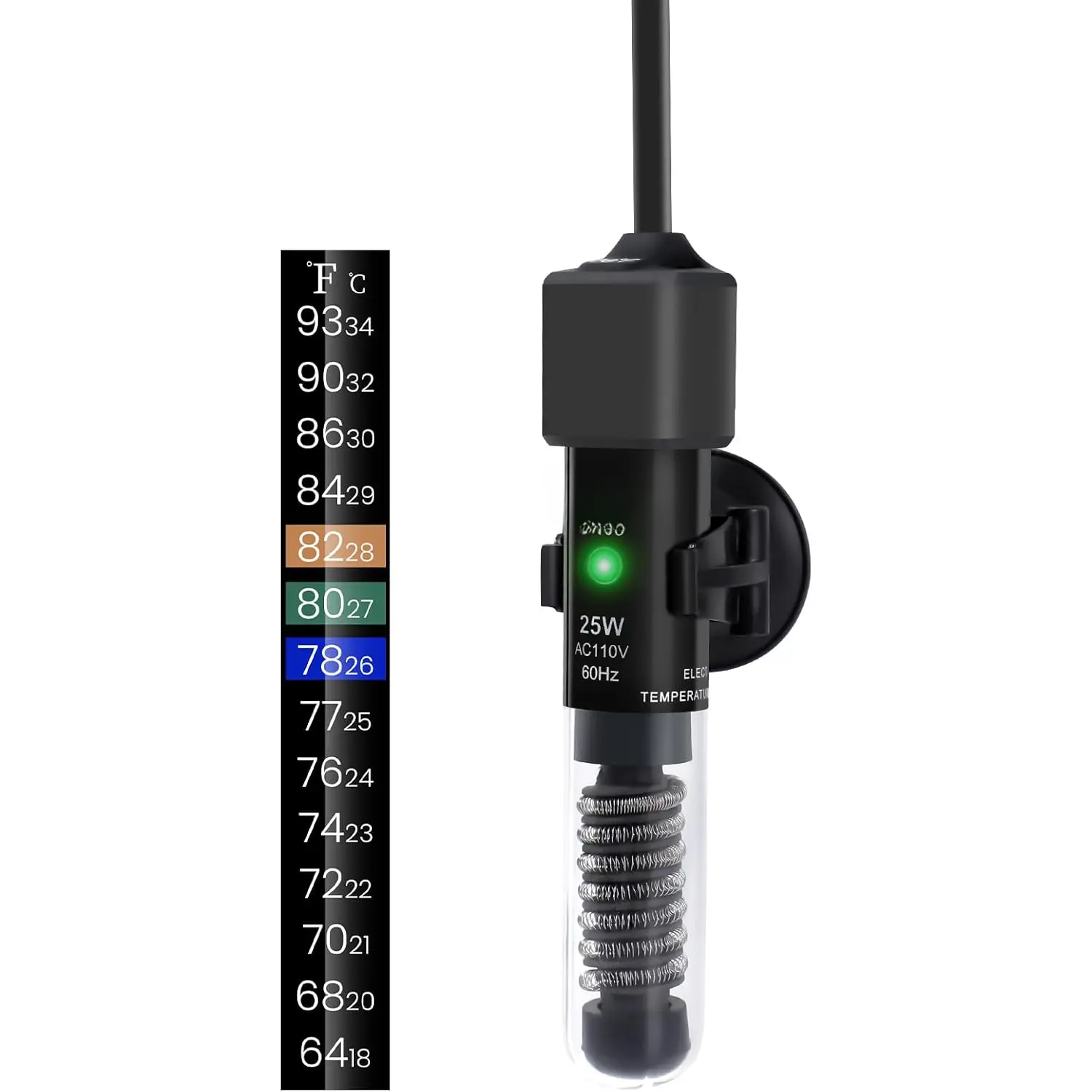 25W Small Size Aquarium Heater, 4.5in Plug-and-Play Mini Thermostatic Heater for Small Tanks & Tropical Fish, Preset to 78°F, Includes Free Thermometer Strip for Easy Monitoring/Easy to Check & Suction Cup, 1X Suction Cup