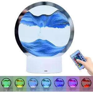 3D Dynamic Sand Art Liquid Motion Sandscapes, LED Moving Sand Art Picture in Motion Round Glass Deep Sea Landscape, Flowing Sand Frame Relaxing Desktop Home Office Work Decor, Gifts