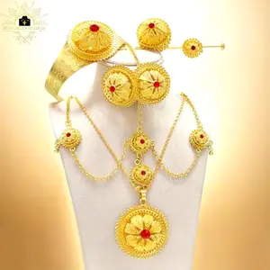 Ethiopian Bridal Jewelry Set – 6PC Habesha Wedding Necklace Set | 24K Gold Plated with Ruby Red Stone | ጌጣጌጥ Floral Design | Eritrean Bride Jewelry | 6 Piece African Jewelry Set