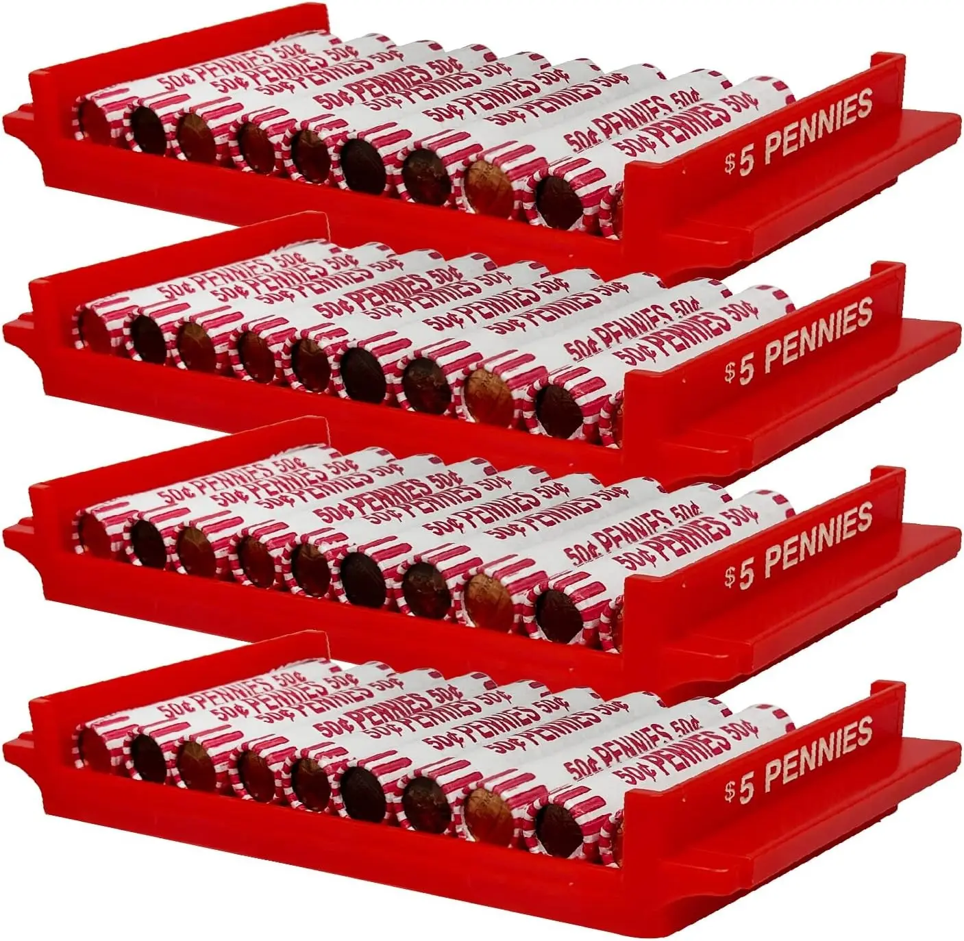 Heavy Duty Plastic Penny Coin Trays with Wrappers - 4 Stackable Coin Storage Boxes, Holds Up to $5 in Pennies Per Tray - for Business, Personal Use