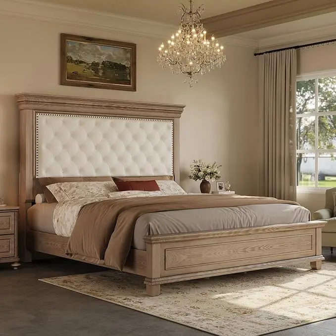 【Ships in 2 Boxes】AMERLIFE Solid Wood Bed Frame with 68" High Headboard, Chenille Upholstered Bed with Nailhead Trim/Button Tufted/No Box Spring Needed, Unique Bedroom Furniture- Ships in 2 Boxes[tiktokshopbacktoschool][SohoChic]