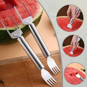 Watermelon Fork Slicer Cutter Slicer Tool, 2 - in - 1 Stainless Steel Fruit Cutter, Dual Head Fruit Forks Slicer Knife with Round Handle,Fruit Cutting Kitchen Utensils,Portable Modern Essential
