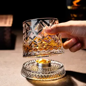 Rotating Base Whiskey Glass – Diamond-Cut Crystal Tumbler (Luxury Gift for Bourbon/Scotch Lovers)