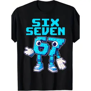 Funny Italian Brainrot 67 Number 6 & 7 Graphic T-Shirt - Retro Gaming Meme Design with Smiling Face & Six Seven 67 Print, Loose Fit Casual Short Sleeve Round Neck Tee