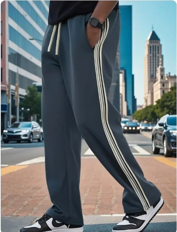 American retro pants—legendary! Men’s wide-leg sweatpants with side stripes, drapey fabric that makes legs look straight, street sports casual pants