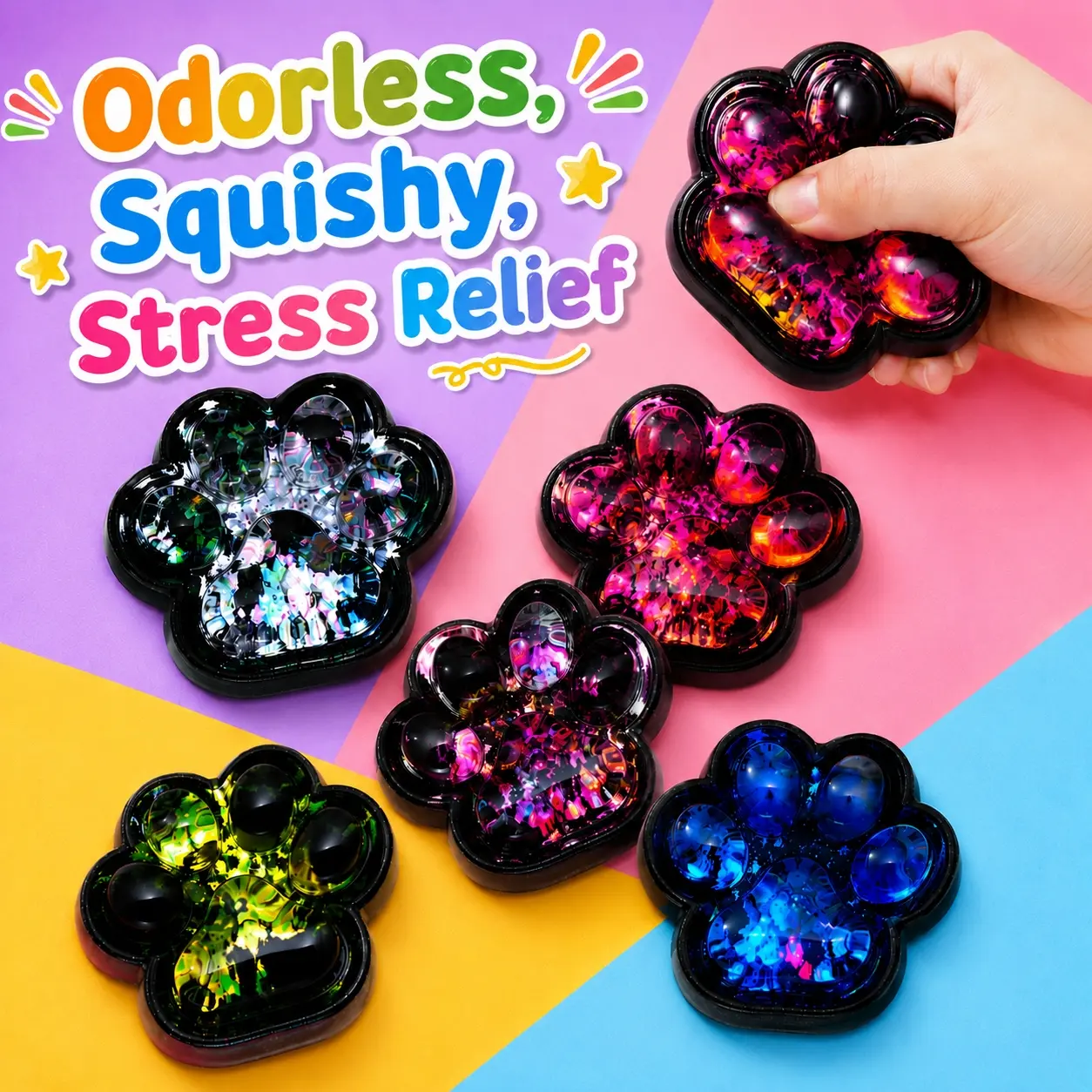 Kawaii Cat Paw Squishy Fidget Toy - Silicone Stress Relief Glitter Sensory Fidget, Slow Rising, Premium Plastic Bag Packaged Keychain Accessory, Gift for Kids