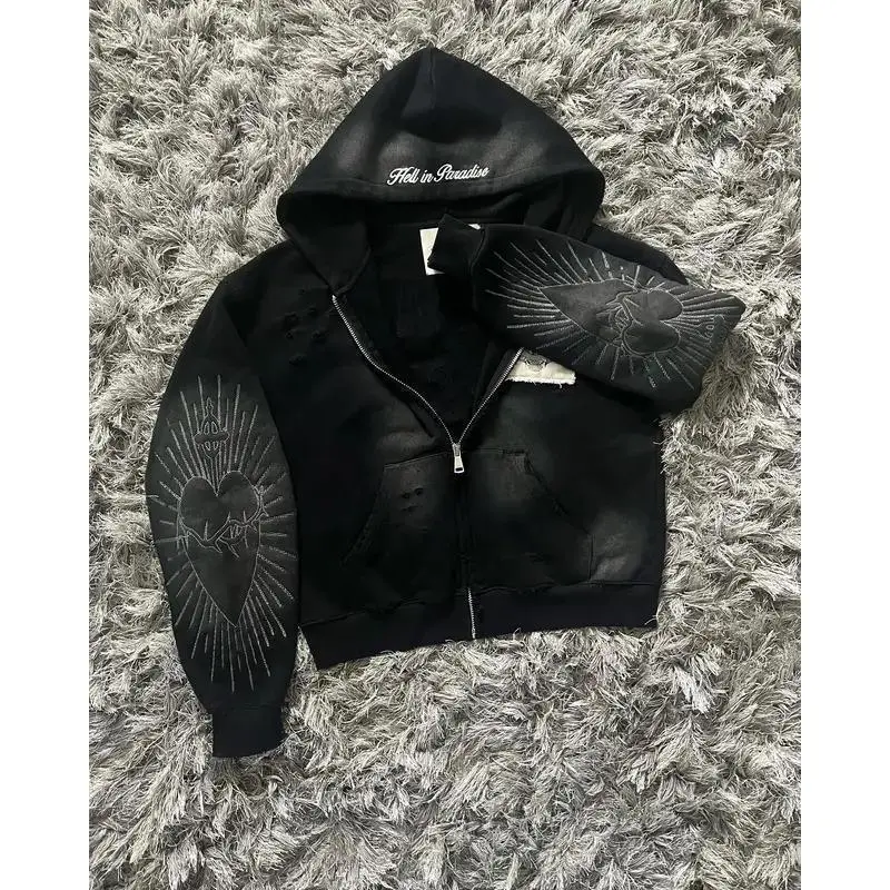 Hell in Paradise Street Retro Gothic Style Zip Up Hoodie Embroidery Patchwork Hoodies Loose Sweatshirt Men Clothing Menswear Sleeve Tops Y2K