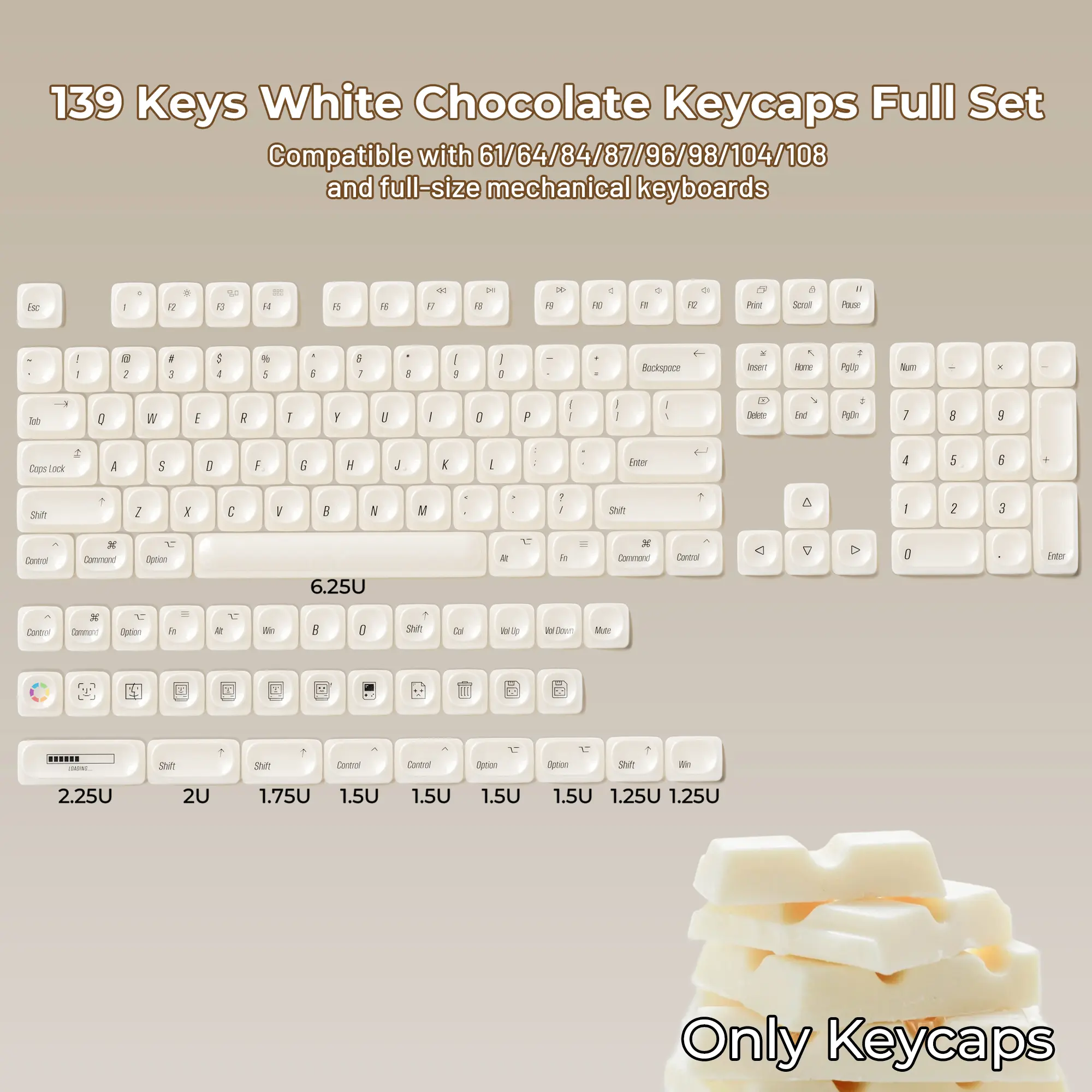 XVX White Chocolate MOA Profile Custom Cute Ceramic-Textured Keycaps Full Set for MX Switches 139-keys（Keycaps Only, Keyboard Not Included）