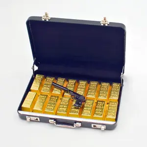 1:6 scale miniature golden briefcase - Includes money bundles, gold bars, and a vintage coin dollhouse set-up accessory for toy house