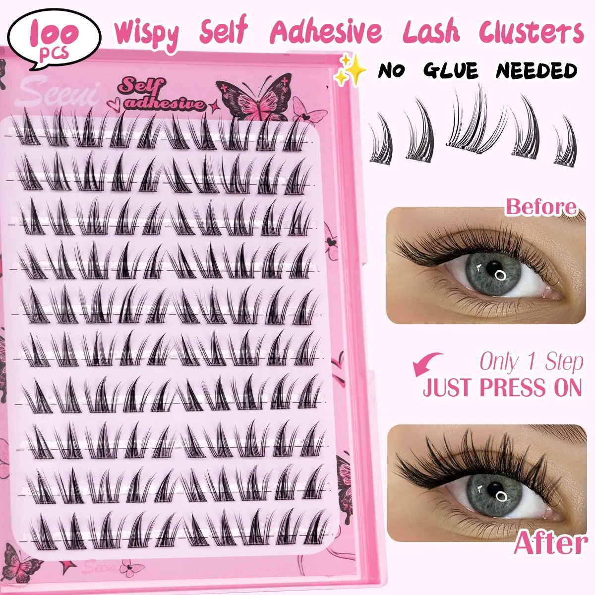 No Glue Needed Lashes, Glue Free Lashes, Manga Style/ Wispy/ Butterfly Look, Self Adhesive Eyelash Clusters, Ultra-Thin & Lightweight, Eyelash Extensions with Tweezers, Easy Apply for Beginners (C Curl, No Residue, Long Lasting)