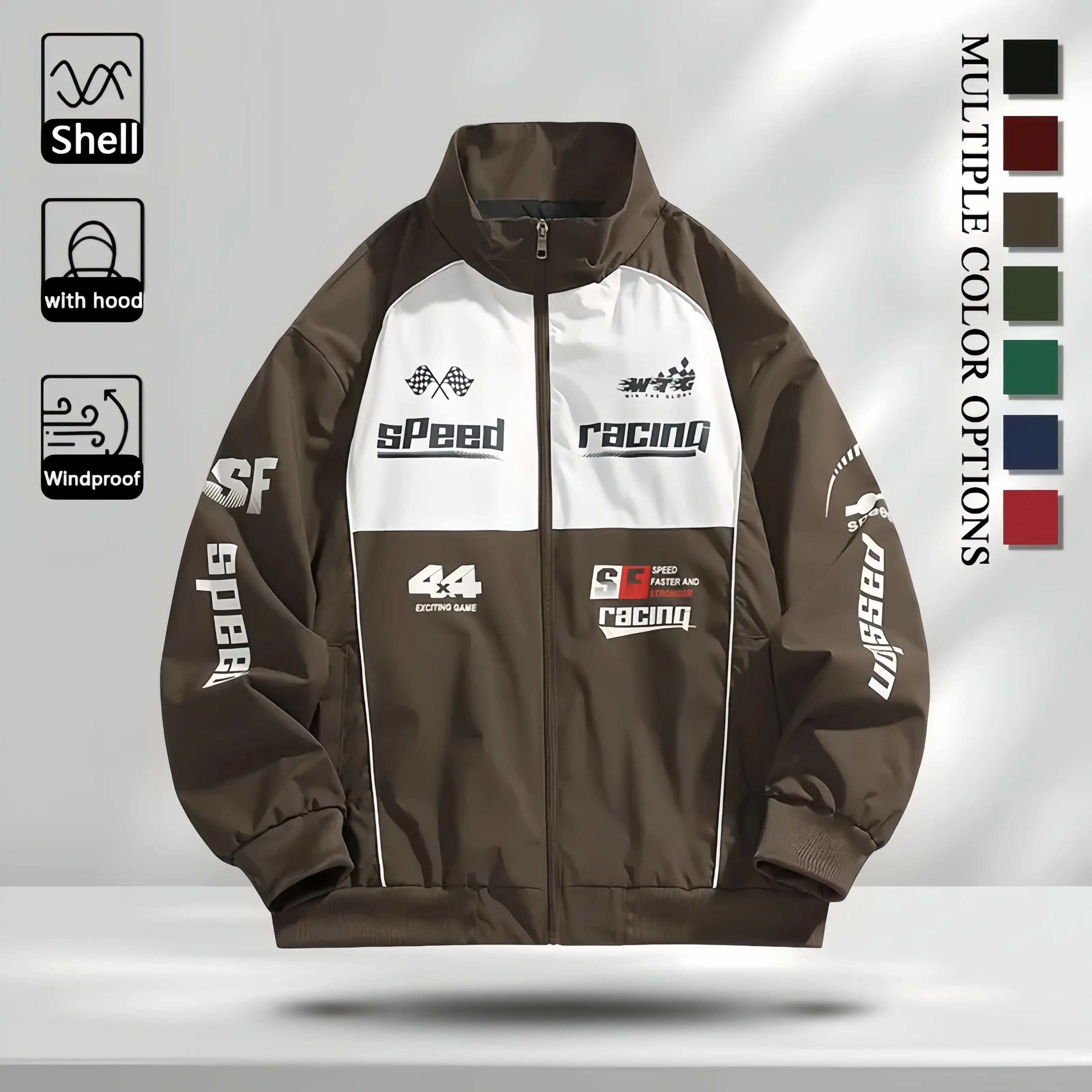 Vintage Race Car Style Men Bomber Jacket, Contrast Panel Speed Printing Full Zp Standf Jacket For Streashin