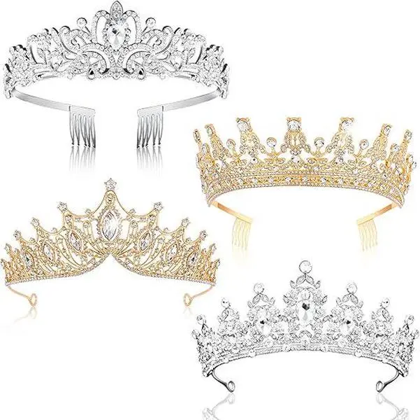Glamorous Tiaras for Women, 4-Piece Rhinestone Princess Crown Set in Gold & Silver, Lightweight for Wedding, Prom & Quinceanera, Female, Queen Crowns, Solid Colors, Gold Headpieces & Crowns