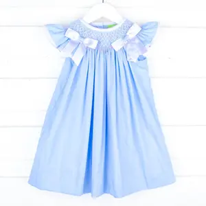Blue Pique Smocked Bow Dress - Girl's Spring Outfit