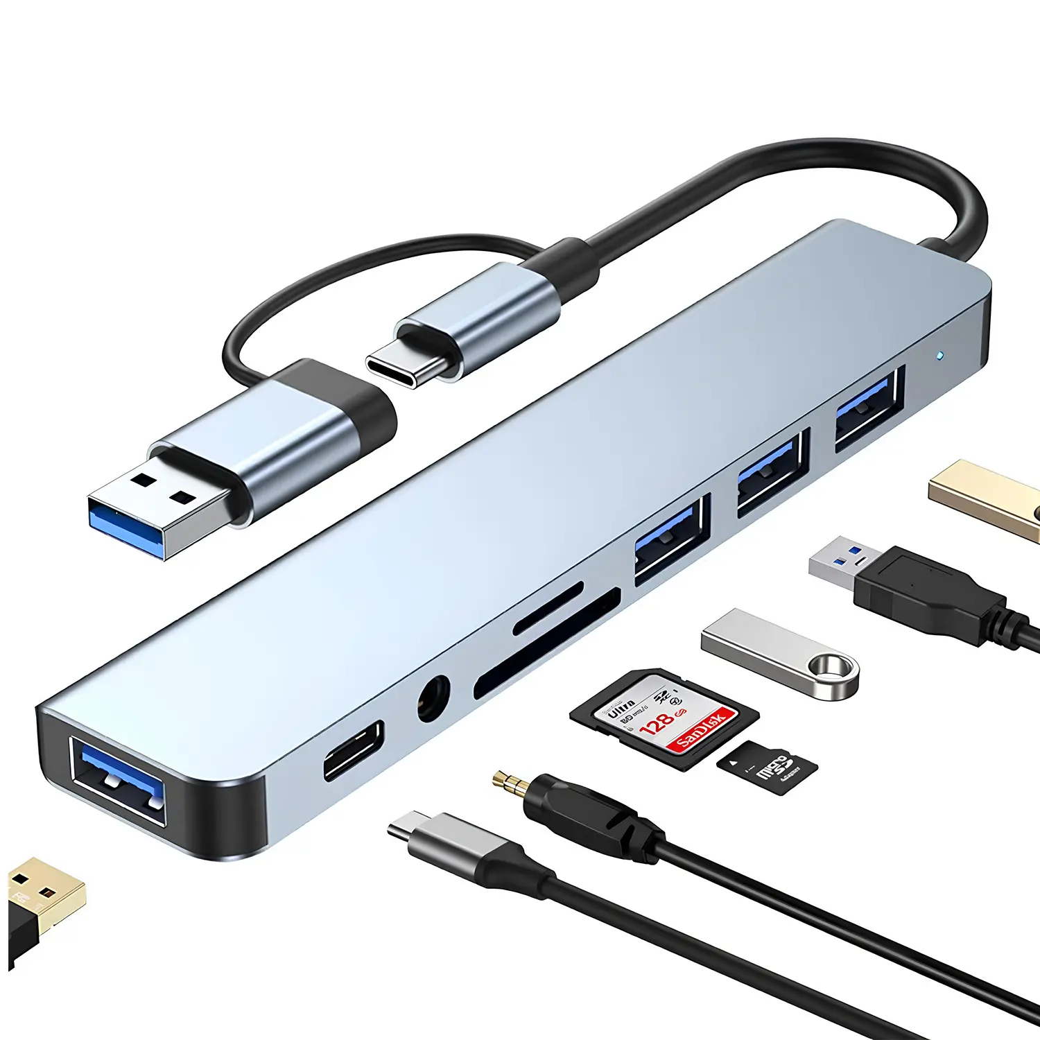 USB C Hub USB Hub 3.0, Aluminum 8 in 1 USB Extender with SD/TF Card Reader, 3.5mm Aux Headphone Jack for MacBook Pro Air and More PC/Laptop/Tablet Devices