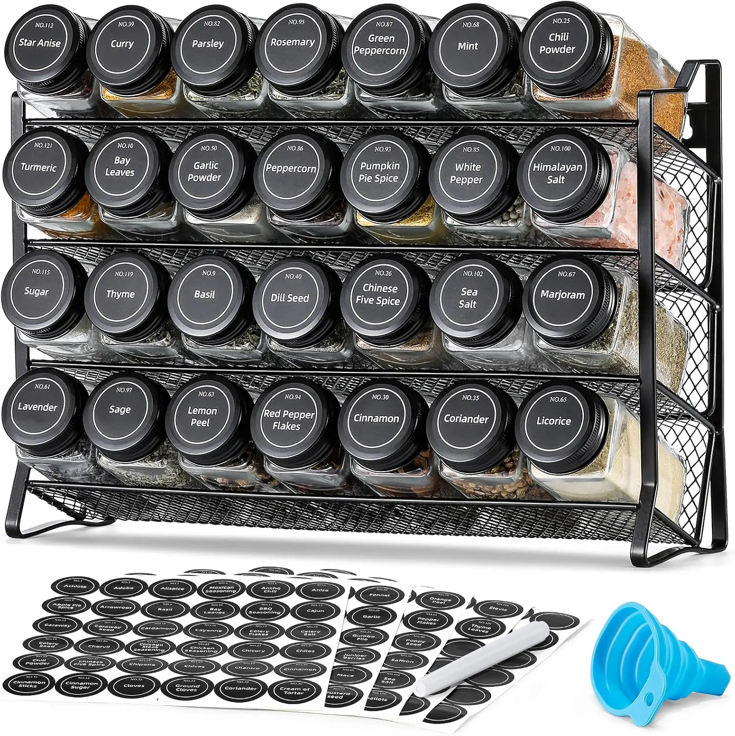 Spice Rack Organizer for Cabinet, with 28 Empty Spice Jars with Black Lids, Funnel, Spice Labels, or Countertop, Cabinet, Kitchen, Pantry, Cupboard