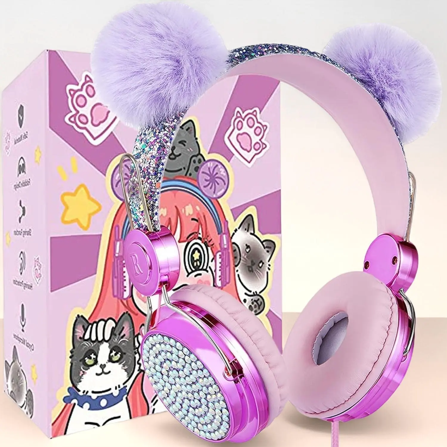 P-P Kids Unicorn Wired Headphones - 85dB Volume Limit, Shareport, Mic, Audio Cable, Portable Adjustable Durable Design for Travel, Car, Hot Purple