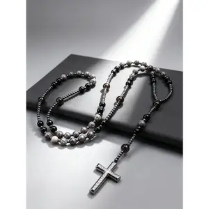 Rosary Necklace for Women UV Reactive Natural Obsidian Yooperlite Hematite Cross Pendant Adjustable Rhinestone Collarbone Chain Couples Set Bible Verse Gift