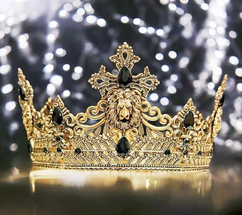 Vintage Lion King Crown, Prince Wedding Headpiece, Black Crystal Crown for Groom, Masquerade Ball Crown, Homecoming King Crown, Gold Crown