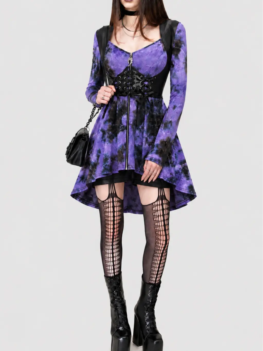 Rgothic Women's Plus Size Gothic Tie-Dye Corset Top - Long Sleeve Sweetheart Neck Blouse with Zipper Accents, Adjustable Lace-Up | Women's Clothes, Curvy Clothing, Concert Outfits, Back to School Shopping Accessories, Gothic Chic, Stretch Fabric, Full-Len
