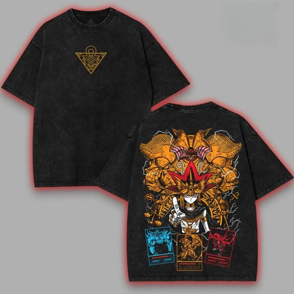 Men's Yu-Gi-Oh Themed 2-Sided Washed T-Shirt & Hoodies, God Card Exodia Ra Obelisk Osiris Graphic Tops, Yugi Muto Anime Manga Merchandise