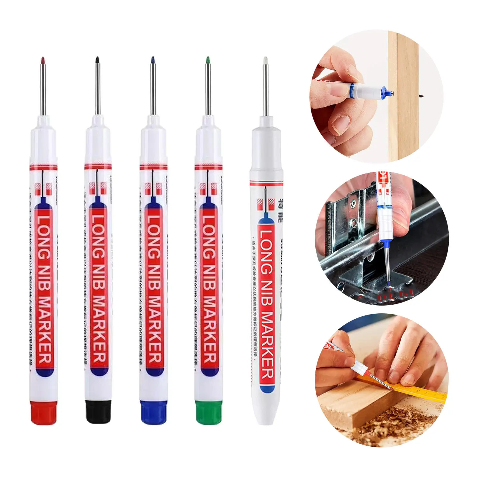 5Counts Deep Drill Hole Long Nib Marker,20mm Tip Deep Hole Pen,Quick-Dry Waterproof Marker Pen,Woodworking Marker Pen,Marking Pen for Wood,Wall,Plasti