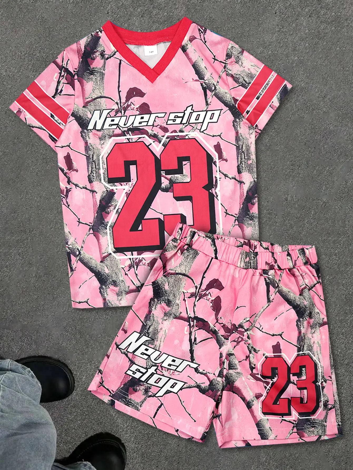 Ready STock Boys's Tracksuits Athletic 2 Piece Set Letter Branch Graphics Casual Tee Elastic Shorts Quick Dry Mesh Gym Sportswear 42501021 Sporty Desi