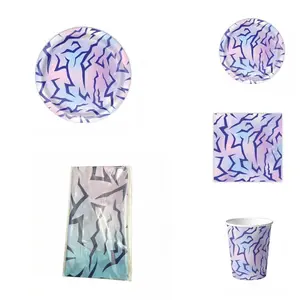 Korean Music Theme Party Disposable Cutlery Set, Lightning Bolt Design, Includes Plates, Dessert Plates, Cups, Napkins, Tablecloth