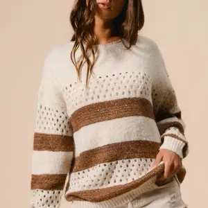 Stripped Pattern Sweater Top with Brown Stripes and Openwork Design for Women