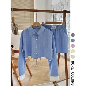 Women's Striped Print Button Front Shirt & Shorts Two-Piece Set, Casual Fitted Long Sleeve Collared Top & Shorts for Spring & Fall, Ladies Clothes for Daily Wear, Womenswear, Striped Sets