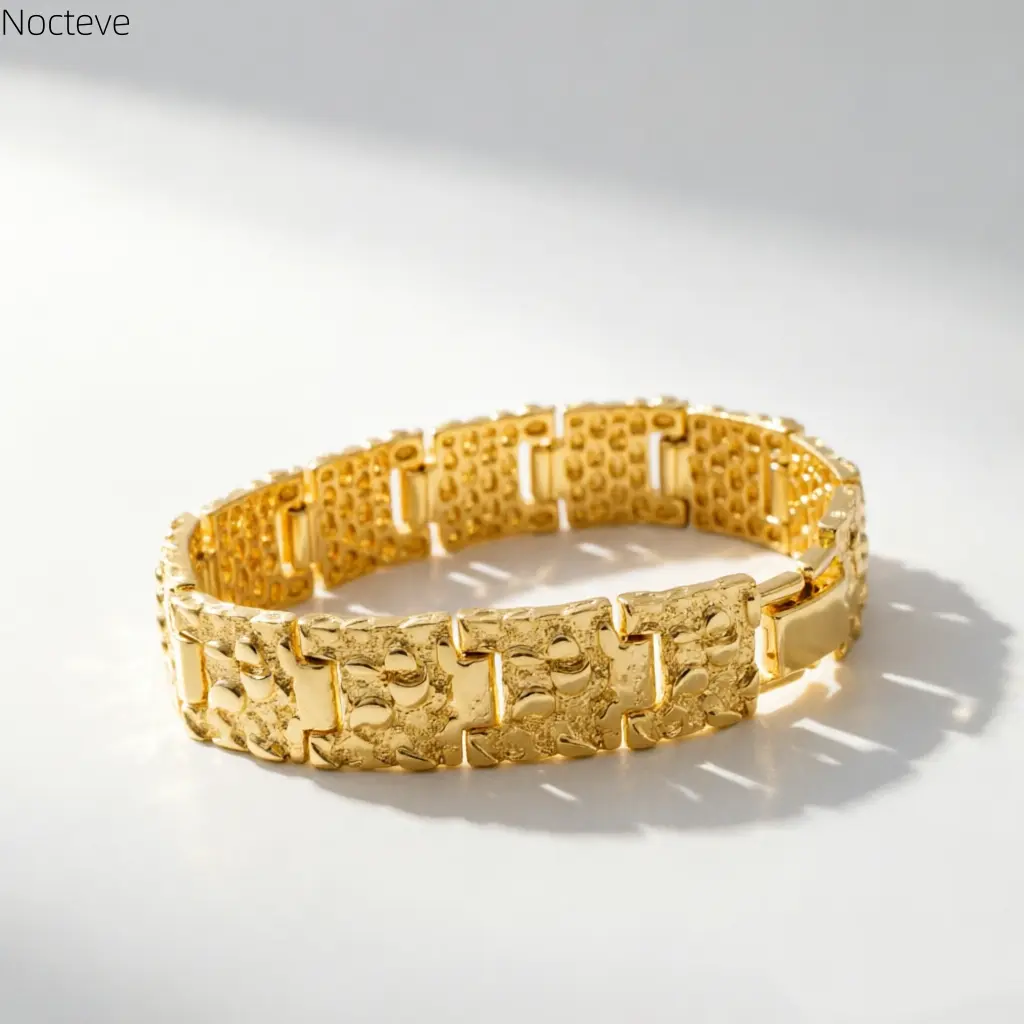Nugget Shape Gold Plated Stainless Steel Bracelet for Men, 15mm Width, 7in / 8in Sizes, Non Tarnish & Color Retention Metal Wrist Jewelry, Cool Fashion Arm Accessory, Ideal Holiday & Birthday Gift for Guys