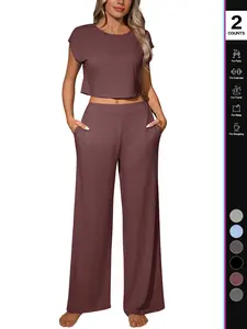 Women's Casual Elegant Solid Color Set, 2-Piece Daily Wear Clothes with Pockets, Comfortable & Stylish Design