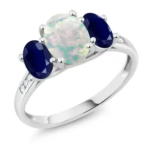 Gem Stone King White Simulated Opal and Gemstone Birthstone with Diamond Accents 3-Stone Engagement Ring for Women | 10K White Gold | Oval 8X6MM and 6X4MM | Elegant Wedding Anniversary Promise Ring | Size 5-9